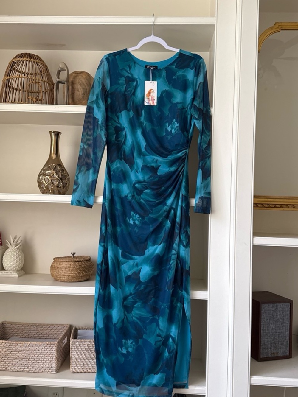 Teal Blue Floral Long Sleeve Maxi Dress